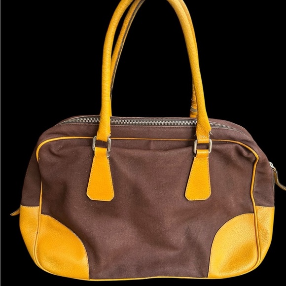 Prada Satchel in Rich Brown canvas and Vibrant Yellow Leather - Picture 2 of 10